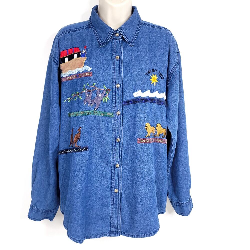 Vintage Way To Go Women's L Denim Noah's Ark Button Shirt Embroidered